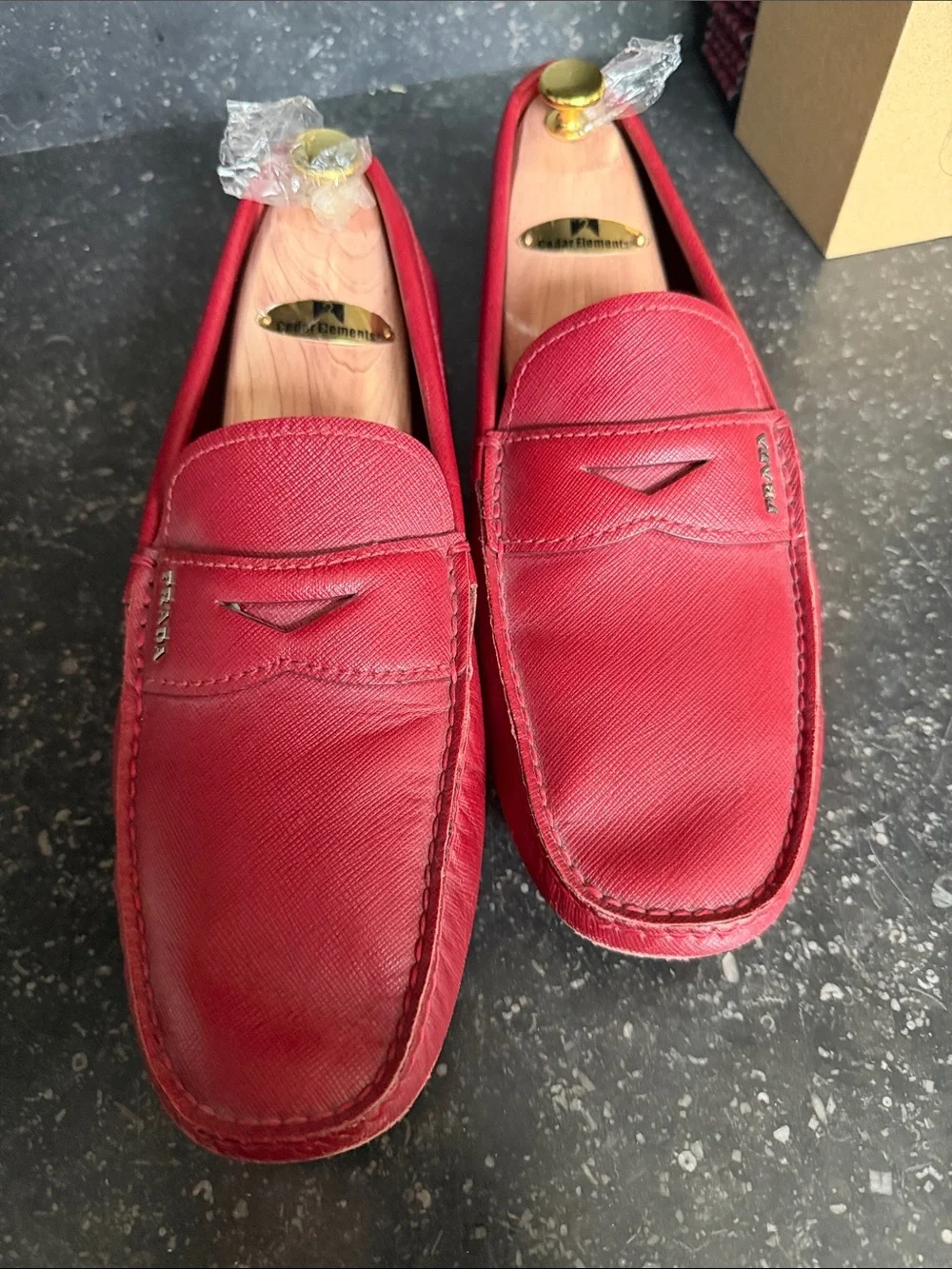 Prada Red Canvas Driving Shoes with Black Rubber Soles